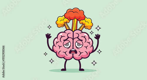 Cartoon Brain Character Overwhelmed and Stressed.