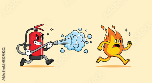 Cartoon Fire Extinguisher Chasing a Running Flame Character.