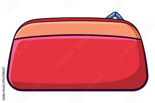 Vibrant red cartoon-styled wallet with blue zipper and orange accents on simplistic white background