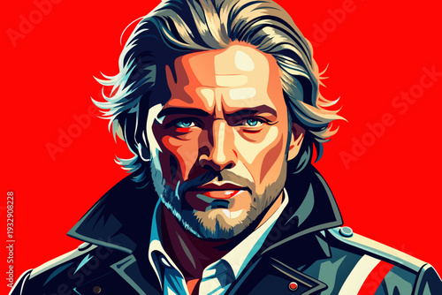 Vibrant illustrative portrait of mysterious bearded man in dark jacket against bold red background