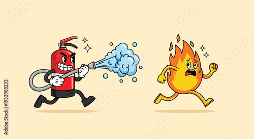 Cartoon Fire Extinguisher Chasing a Scared Flame Character.