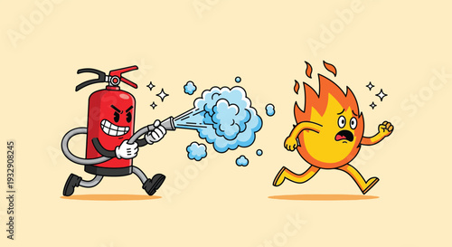 Cartoon Fire Extinguisher Chasing a Scared Fire Character.