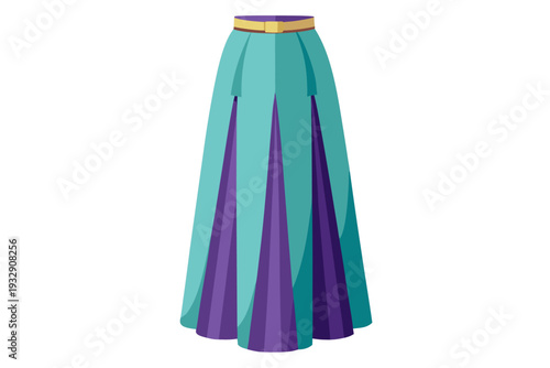 Elegant long teal and purple women's skirt with yellow belt on white background displaying fashionable color contrast