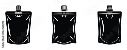 Three black silhouette pouches with screw caps, ideal for packaging liquids or food.