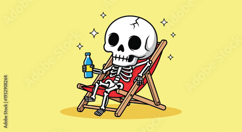 Cartoon Skeleton Relaxing on Beach Chair with Drink.