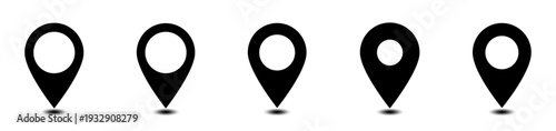 Black Pin Point Location and GPS Symbol icon variations with solid style for navigation and mapping on transparent background.