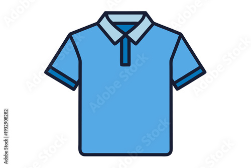 Blue polo shirt icon with short sleeves and contrasting collar design in flat vector style