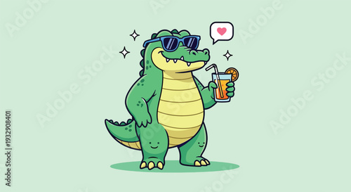 Cute Cartoon Alligator Enjoying a Tropical Drink.