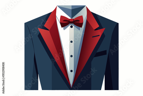 Elegant red and blue tuxedo with bow tie: modern geometric design showcasing formal fashion and sophisticated style