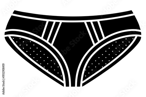 Black polka dot bikini bottoms with white dots and horizontal stripes on waistband in minimalist style