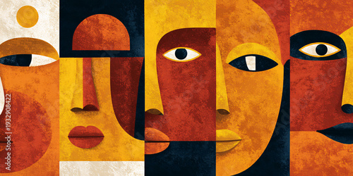 Abstract mosaic of diverse faces, representing unity, connection, and multiculturalism in a vibrant, textured art style