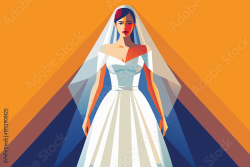 Elegant abstract bride with veil against bold geometric background in modern minimalist style featuring bright colors