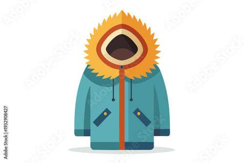 Blue winter coat with orange fur hood and decorative elements on white background