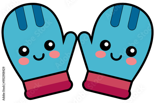 Cute cartoon blue winter mittens with smiling faces and pink cheeks on white background for kids' winter clothing designs