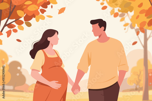 A Couple With A Pregnant Woman Taking A Walk In The Park Illustration Creative Design Template 
