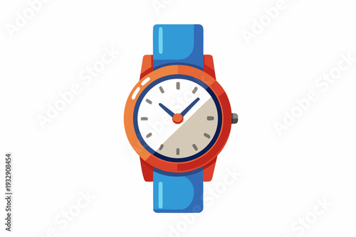 Vibrant modern watch with blue strap and orange case illustrated in a flat style on white background