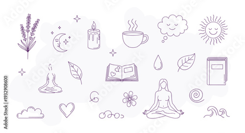 Serene collection of wellness and self-care icons including yoga meditation candle tea and lavender for a peaceful lifestyle concept