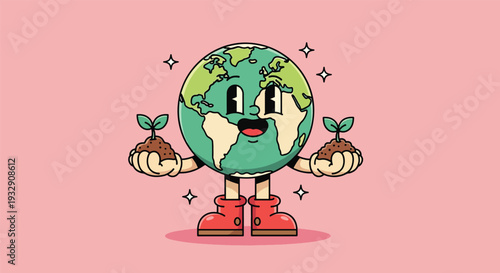 Cute cartoon Earth character holding plant seedlings representing environmental care and growth.