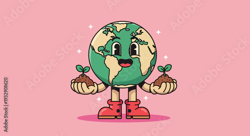 Cute cartoon Earth character holding plant sprouts in hands.