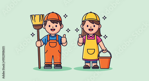Cute Cartoon Cleaners with Broom and Bucket.