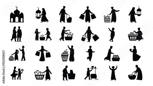 Silhouettes of businessmen walking in various poses with briefcases conveying professionalism and daily office commute