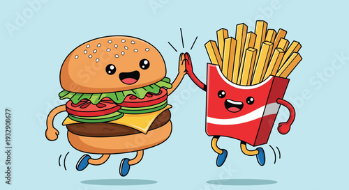 Cute cartoon hamburger and french fries giving a high five.