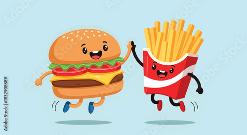 Cute cartoon hamburger and french fries characters highfiving happily.
