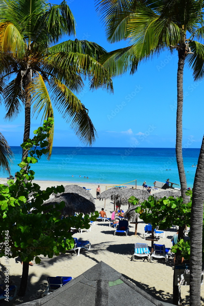 Obraz premium Varadero, Cuba; 04.07.2023. Beautiful, colourful sunset on the beach in Varadero, Cuba! Cote d'Azur of the Atlantic Ocean, next to the Caribbean Sea. Cuba wild palm beach background. Nature blue sea l