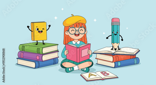 Cute Girl Reading Books Surrounded by Anthropomorphic Characters.