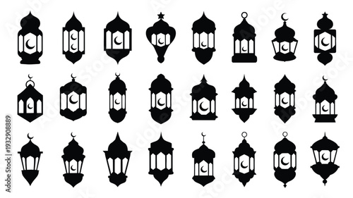 Black lantern icons set with various shapes and designs on white background for decoration and design