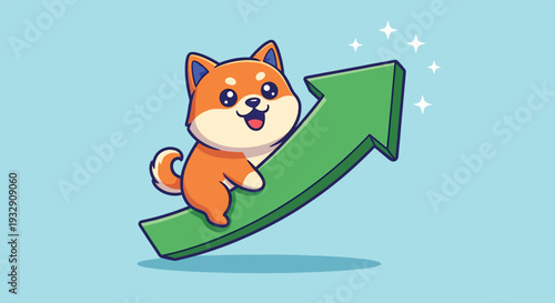 Cute Shiba Inu Dog Riding Upward Green Arrow Symbolizing Growth.