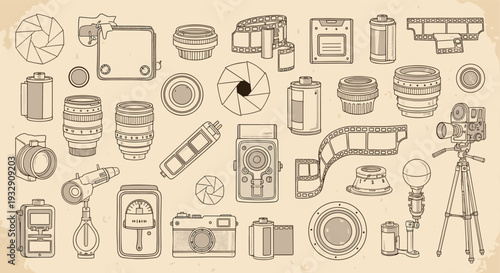 Vintage Photography Equipment Collection Retro Camera Gear and Accessories on Aged Paper Background