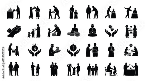 Collection of black silhouettes depicting people in various social interactions charity and community service activities on white background
