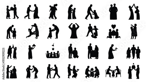 Collection of black silhouettes depicting various human interactions and relationships on white background