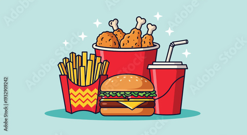 Delicious Fast Food Meal Combo Vector.