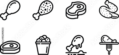 Meat and poultry line icon collection with chicken legs, beef steak cuts, eggs bucket and fork, outline vector food set