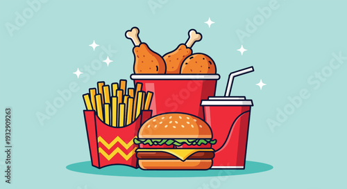 Delicious Fast Food Meal Combo Vector Illustration.