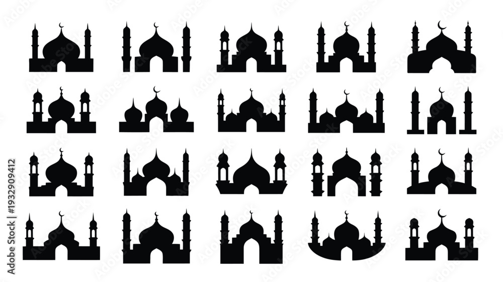 Obraz premium Black silhouettes of various mosque architecture styles and designs on white background