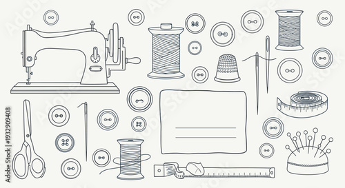 Vintage sewing machine and accessories for tailoring and needlework with threads buttons and measuring tape illustration