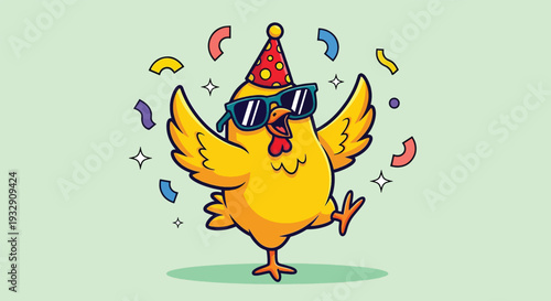 Funny Chicken Wearing Sunglasses and Party Hat Dancing with Confetti.