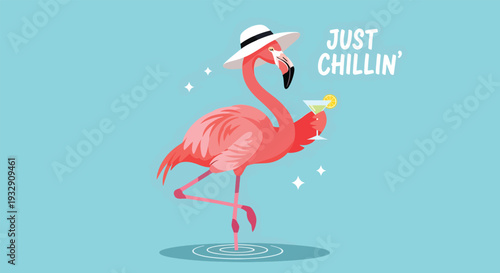 Funny Flamingo Wearing Hat Drinking Cocktail Relaxing.