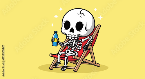 Funny Skeleton Relaxing on Beach Chair with Drink.