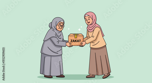 Illustration of Muslim woman giving Zakat donation box to elderly woman.
