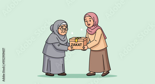 Illustration of Zakat donation being given to an elderly woman.