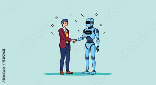 Man and Robot Shaking Hands Symbolizing Partnership and Future Technology Vector Illustration.