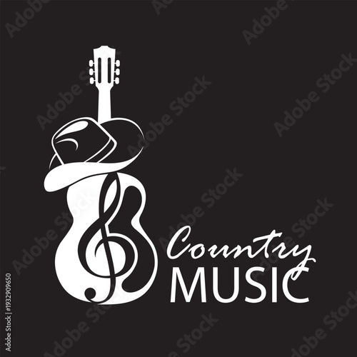 country music sign with cowboy hat and guitar isolated on black background