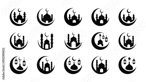 Islamic crescent moon symbols with mosque silhouettes lanterns and stars on white background representing ramadan and eid al fitr celebrations