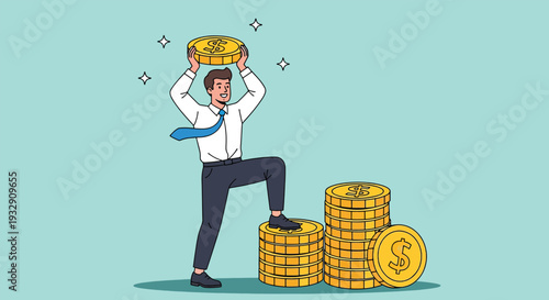 Man Climbing Stack of Coins Symbolizing Financial Success.