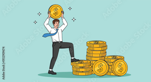 Man Climbing Stack of Gold Coins Symbolizing Financial Growth Vector Illustration.