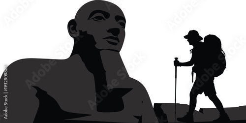 Great Sphinx and hiker silhouette, Egypt desert travel adventure concept, ancient monument landscape vector illustration isolated background
